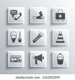 Set Megaphone, Fire bucket, Traffic cone, Flashlight, truck, shovel and, Telephone call 911 and First aid kit icon. Vector