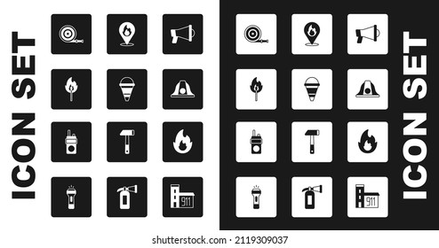 Set Megaphone, Fire cone bucket, Burning match with fire, hose reel, Firefighter helmet, Location flame,  and Walkie talkie icon. Vector