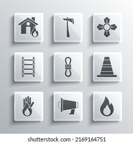 Set Megaphone, Fire flame, Traffic cone, Climber rope, No fire, escape, in burning house and Firefighter icon. Vector