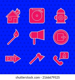 Set Megaphone, Firefighter axe, Telephone with emergency call 911, exit, Burning match fire, hydrant and burning house icon. Vector