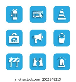 Set Megaphone, Firefighter gloves, Ringing alarm bell, bucket, Road barrier, Interior fireplace, Traffic cone and extinguisher icon. Vector
