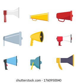 Set of megaphone flat color. Loud broadcasting, voice shouting, vector bullhorn and loudspeaker, broadcast media device collection, illustration announce and public attention