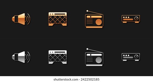 Set Megaphone, Guitar amplifier, Radio and Sound mixer controller icon. Vector