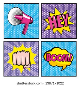 set megaphone and hand fist with pop art message