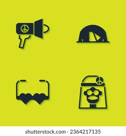 Set Megaphone, Hippie girl, Heart shaped love glasses and Tourist tent icon. Vector