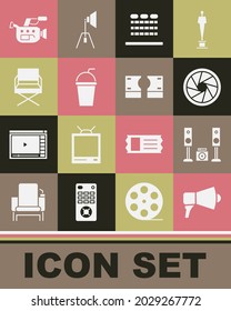 Set Megaphone, Home stereo with two speakers, Camera shutter, Cinema auditorium seats, Paper glass straw, Director movie chair, camera and Stacks paper money cash icon. Vector