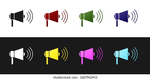 Set Megaphone icon isolated on black and white background. Loud speach alert concept. Bullhorn for Mouthpiece scream promotion.  Vector Illustration