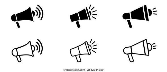 Set of megaphone icons in black and white color variations, featuring clean designs perfect for announcements, marketing materials, and communication related graphic projects.
