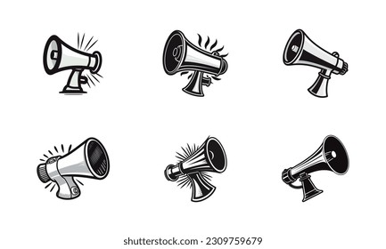 Set of megaphone icons in flat black color isolated on white background