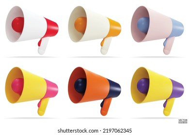 Set of Megaphone icons isolated on white background. 3d megaphone speaker loudspeaker bullhorn for announcing promotion, 3d vector illustration.