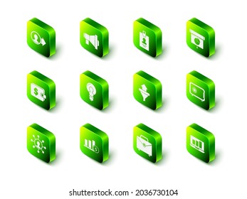 Set Megaphone, Identification badge, Graph, chart, diagram, infographic, Safe, Laptop with, Sales funnel arrows, Briefcase and Pie and dollar icon. Vector