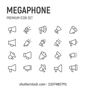 Set of megaphone line icons. Premium pack of signs in trendy style. Pixel perfect objects for UI, apps and web.