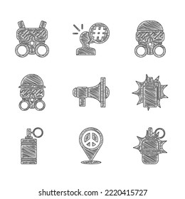 Establece Megáfono, paz de ubicación, granada de mano, máscara de gas e icono. Vector