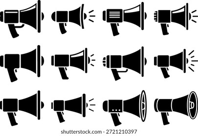 Conjunto de iconos de megáfono y altavoz. Ilustración vectorial de megáfonos para marketing, protesta, anuncio público y publicidad aislados sobre fondo blanco. Símbolos de glifo de altavoz.