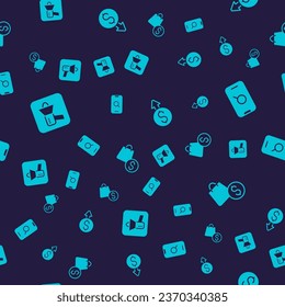 Set Megaphone, Magnifying glass and mobile, Financial growth dollar and shopping bag on seamless pattern. Vector