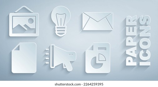 Establezca Megaphone, Correo y correo electrónico, Documento de archivo, Documento con gráfico de gráficos, Bombilla de luz e Icono de paisaje de imágenes. Vector