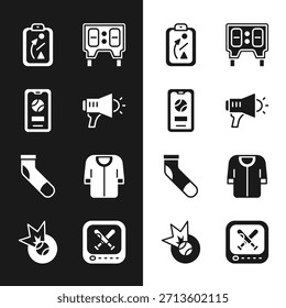 Set Megaphone, Mobile mit Baseball-Ball, Planungsstrategie, Baseball mechanische Anzeigetafel, Socke, T-Shirt, Monitor-Spiel und Symbol. Vektorgrafik