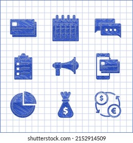 Set Megaphone, Money bag, exchange, Mobile and credit card, Pie chart infographic, Clipboard with checklist, Speech bubble chat and Credit icon. Vector