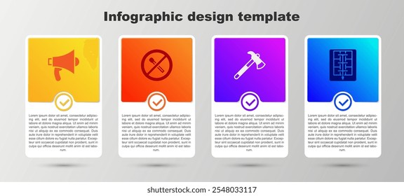 Acerte o Megafone, sem fogo de fósforo, machado de bombeiro e plano de evacuação. Modelo de infográfico comercial. Vetor