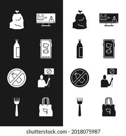 Set Megaphone on mobile, Lotion cosmetic tube, Garbage bag, Stop plastic pollution, No bottle, Nature saving protest, Shopping with recycle and Disposable fork icon. Vector