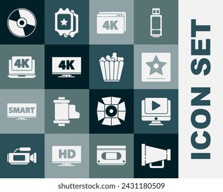 Set Megaphone, Online play video, Hollywood walk of fame star, with 4k, Screen tv, Laptop, CD or DVD disk and Popcorn box icon. Vector svg