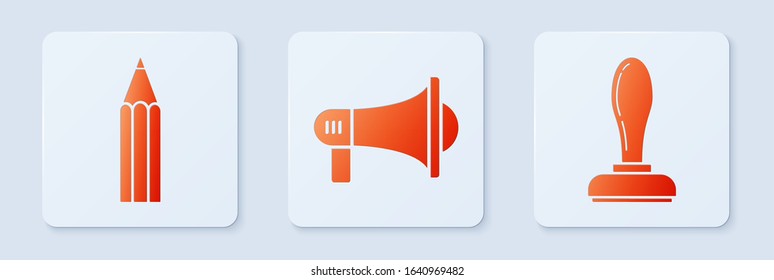 Set Megaphone, Pencil and Stamp. White square button. Vector