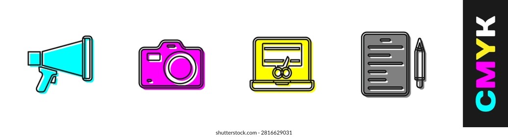 Set Megaphone, Photo camera, Video recorder laptop and Scenario icon. Vector