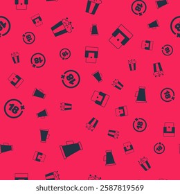 Set Megaphone, Popcorn in cardboard box, Plus 18 movie and Cinema chair on seamless pattern. Vector