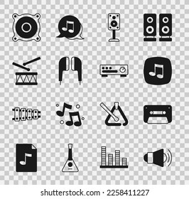 Set Megaphone, Retro audio cassette tape, Music note, tone, Stereo speaker, Air headphones, Drum with drum sticks,  and Sound mixer controller icon. Vector