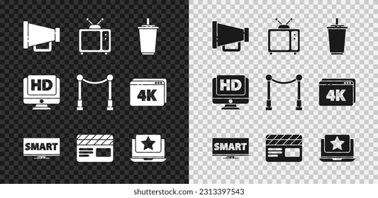 Set Megaphone, Retro tv, Paper glass with water, Screen Smart video, Movie clapper, Laptop star, Monitor HD and Carpet barriers icon. Vector
