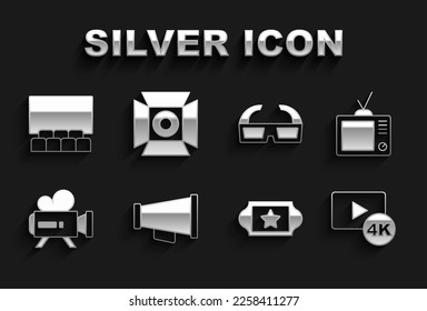 Set Megaphone, Retro tv, Screen with 4k, Cinema ticket, cinema camera, 3D glasses, auditorium screen and Movie spotlight icon. Vector