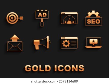 Set Megaphone, SEO optimization, Laptop with star, Browser setting, Mail and e-mail, Website statistic, Target and Advertising icon. Vector