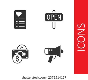 Set Megaphone, Shopping list, Stacks paper money cash and Hanging sign with text Open icon. Vector