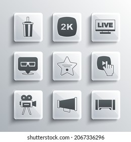 Set Megaphone, Smart Tv, Online play video, Walk of fame star, Retro cinema camera, 3D glasses, Paper with water and Live stream icon. Vector