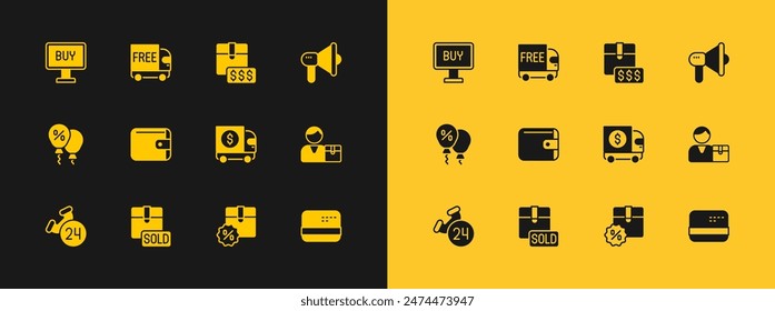 Set Megaphone, Sold, Armored truck, Cardboard box with discount, Wallet, Item price tag dollar, Buy button and Free delivery service icon. Vector