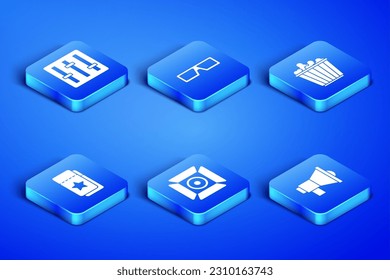 Set Megaphone, Sound mixer controller, Movie spotlight, Cinema ticket, 3D cinema glasses and Popcorn box icon. Vector