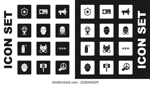 Set Megaphone, Special forces soldier, Location peace, Police badge, Gas mask, Barbed wire and Pepper spray icon. Vector