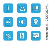 Set Megaphone, Stereo speaker, MP4 file document, Location musical note, Music note, tone, synthesizer and Balalaika icon. Vector