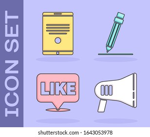 Set Megaphone, Tablet, Like in speech bubble and Pencil with eraser icon. Vector
