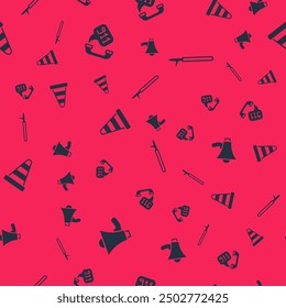 Set Megaphone, Telephone call 911, Traffic cone and Metal pike pole on seamless pattern. Vector