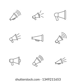 set of megaphone thin line icons. vector audio, music, voice, sound symbol on white background. eps 10