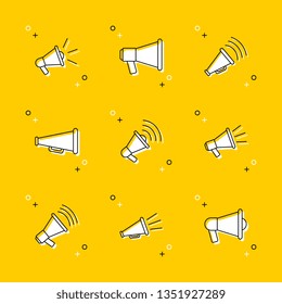 set of megaphone thin line icons. vector audio, music, voice, sound symbol on yellow background. eps 10