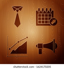 Set Megaphone, Tie, Pie chart infographic and Calendar on wooden background. Vector