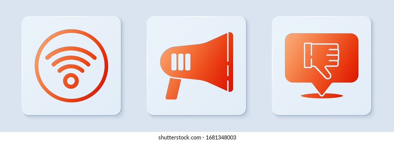 Set Megaphone, Wi-Fi wireless internet network and Dislike in speech bubble. White square button. Vector