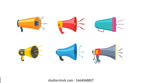 Set of megaphones, loudspeakers, icon or symbol isolated on white background. Colorful megaphones in flat design. Concept for social networks, promotion and advertising. Vector illustration, EPS 10.