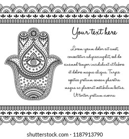 Set of Mehndi ancient hand drawn symbol Hamsa pattern and seamless border for Henna drawing and tattoo. Decoration in oriental, Indian style.