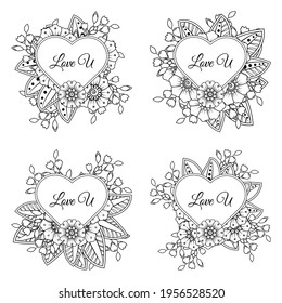 Set of Mehndi flower. decorative ornament in ethnic oriental style. coloring book page. Emblem luxury beauty spa, cosmetics, jewelry, hotel, restaurant. Wedding elegant outline frame. Vintage premium 