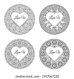 Set of Mehndi flower with frame in shape of heart. Mehndi flower decoration. decorative ornament in ethnic oriental style. coloring page.