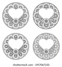 Set of Mehndi flower with frame in shape of heart. Mehndi flower decoration. decorative ornament in ethnic oriental style. coloring page.