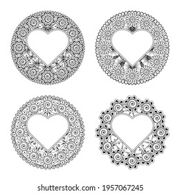 Set of Mehndi flower with frame in shape of heart. Mehndi flower decoration. decorative ornament in ethnic oriental style. coloring page.